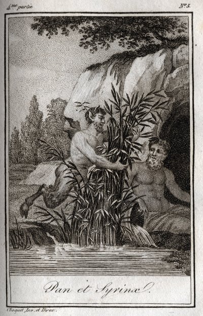 Pan en de nimf Syrinx veranderd in riet. Gravure uit 1819 in 