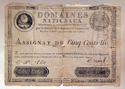 Papier uitgegeven tijdens de Franse Revolutie: een toewijzing van 500 pond uit 1790 - privécollectie door Anonymous Anonymous