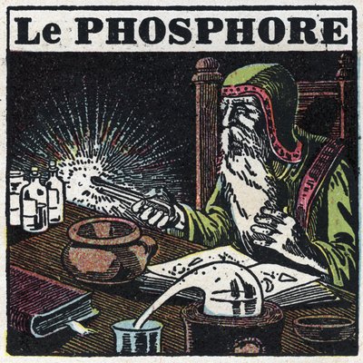 Fosforescentie: fosfor. Een alchemist op zoek naar de filosofische steen in zijn laboratorium. Anonieme illustratie uit 1925. Privécollectie. door Anonymous Anonymous
