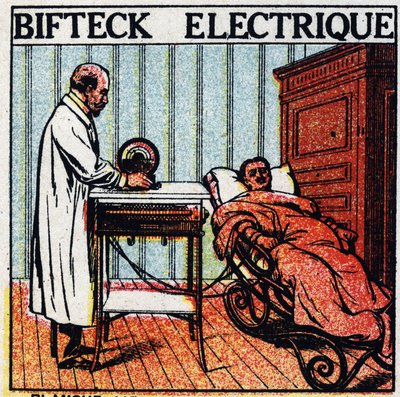 Fysiologische effecten van elektriciteit: elektrische biefstuk. Zorg voor een patiënt door elektriciteit door zijn lichaam te laten stromen met behulp van blote metalen elektroden. Anonieme illustratie uit 1925. Privécollectie. door Anonymous Anonymous