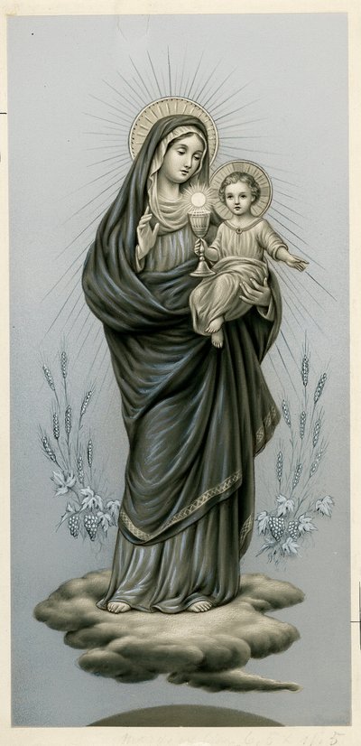 Vrome afbeelding: Maagd en kind met het Heilig Sacrament (gravure) door Anonymous Anonymous