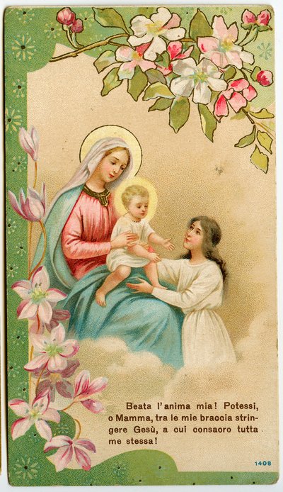 Vrome afbeelding: Maagd met kind, een vroom meisje neemt Jezus in haar armen (chromolithografie) door Anonymous Anonymous