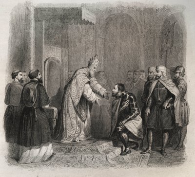 Paus St. Pius V (1566-1572) ontvangt de winnaar van de Slag bij Lepanto. Gravure uit 1846 in Lives of the Saints. Privécollectie door Anonymous Anonymous