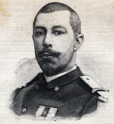 Portret van Antoine Mizon (1853-1899) Franse ontdekkingsreiziger in Afrika. Gravure in "Le Petit Parisien" door Anonymous Anonymous