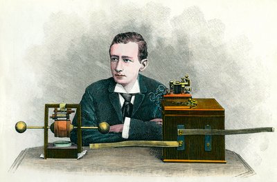 Portret van Guglielmo Marconi (1874-1937), Italiaanse natuurkundige, uitvinder van de telegraaf. Gravure rond 1900. Privécollectie door Anonymous Anonymous