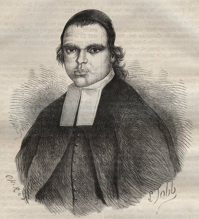 Portret van Louis Bonafous, in religie Frere Leotade, beschuldigd van verkrachting en moord. Hij stierf in de Toulon Bagne op 27 januari 1850. Gravure in 