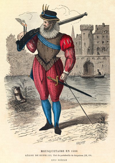 Portret van een musketier in 1586 in Parijs (onder het bewind van koning Hendrik III), gravure, privécollectie - Musketier in Parijs door Anonymous Anonymous