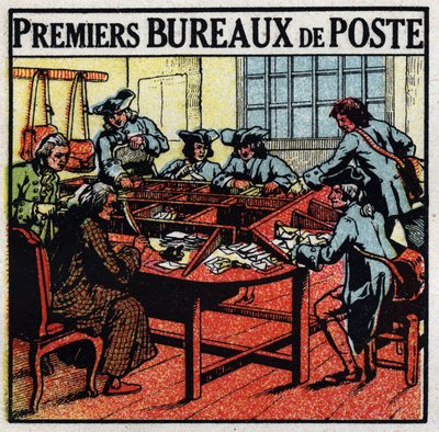 Postkantoor: eerste postkantoren in Parijs in de 18e eeuw. Anonieme illustratie uit 1925. Privécollectie. door Anonymous Anonymous