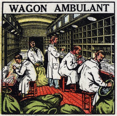 Postkantoor: wandelend postkantoor in een spoorwegwagon. Anonieme illustratie uit 1925. Privécollectie. door Anonymous Anonymous