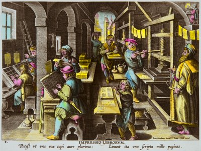 Drukkers en typografische druk met armdrukpers rond 1600 door Jan Van Der Straet (Giovanni Stradano of Johannes Stradanus), privécollectie door Anonymous Anonymous