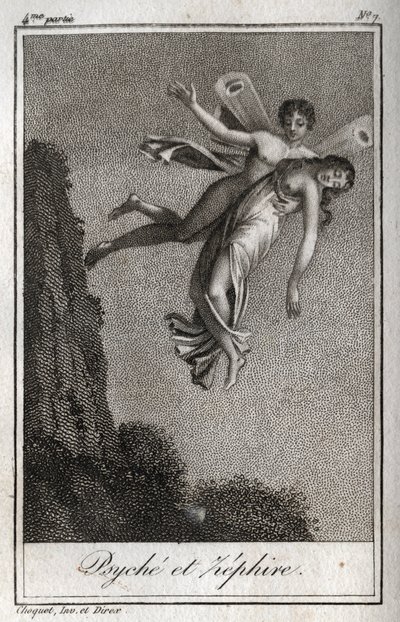Psyche meegenomen door Zephyr. Gravure uit 1819 in "Lettres à Emilie sur la mythologie" door Charles Albert Demoustier (1760-1801). Privécollectie. door Anonymous Anonymous