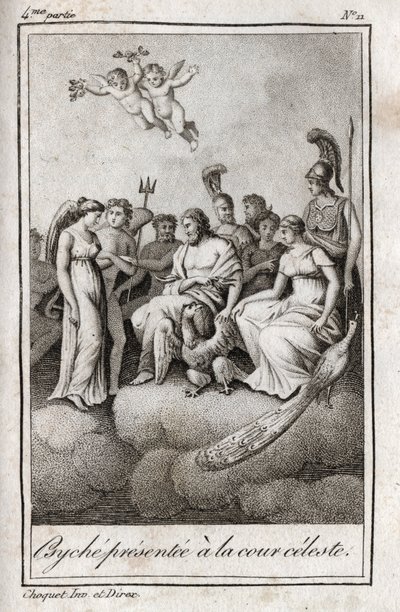 Psyche gepresenteerd aan het Hemelse Hof. Gravure uit 1819 in "Lettres à Emilie sur la mythologie" door Charles Albert Demoustier (1760-1801). Privécollectie. door Anonymous Anonymous