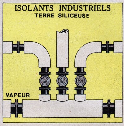Straling en geleiding: industriële isolatie. We omringen de pijpen met kiezelhoudende aarde bakstenen. Anonieme illustratie uit 1925. Privécollectie. door Anonymous Anonymous