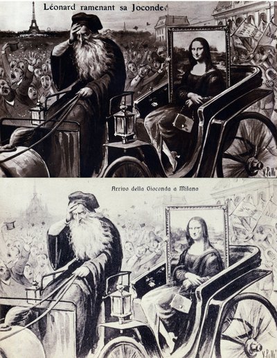 Voorstelling van Leonardo da Vinci die zijn werk Mona Lisa terugbrengt na de diefstal door Vincenzo Peruggia op 21/08/1911. Komische ansichtkaart door Anonymous Anonymous