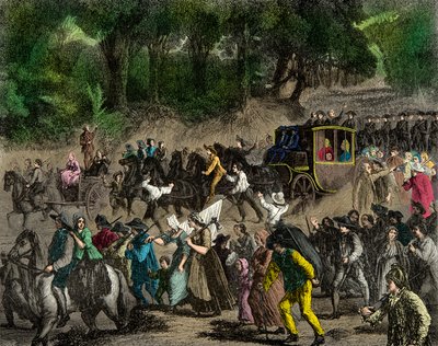Terugkeer van de koninklijke familie naar Parijs na hun vlucht naar Varennes in 1791. Gravure. Privécollectie door Anonymous Anonymous