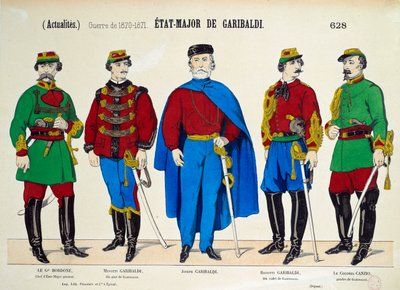 Risorgimento: Generale Staf van Giuseppe Garibaldi (1807-1882). De helden van de Italiaanse eenheid worden afgebeeld, omringd door zijn twee zonen Menotti en Riciotti, door generaal Bordone en kolonel Canzio door Anonymous Anonymous