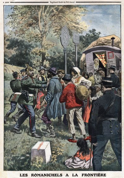 Zigeuners aan de grens: de Franse gendarmes sturen nomadische families naar de Duitse grens of Duitse gendarmes verhinderen hen om hun land binnen te dringen. Gravure in 