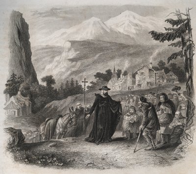 Sint Franciscus van Sales (1567-1622), bisschop van Genève op een pastorale bezoek. Gravure uit 1846 in 