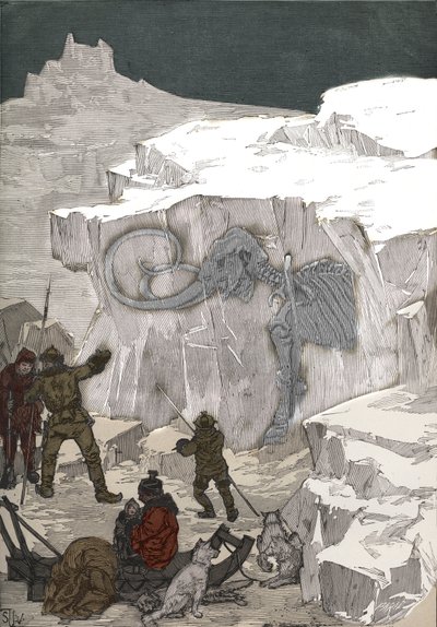 Zoeken naar mammoet fossiel ivoor in Siberië in de 19e eeuw. Gravure uit 1885 in 