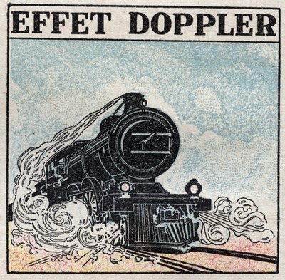 Geluidsenergie: Doppler-effect benadrukt in 1842 door Christian Andreas Doppler (1803-1853). Het fluitje van een locomotief heeft een scherpe klank wanneer het aankomt en wordt zwaar wanneer het weggaat. Anonieme illustratie uit 1925. Privécollectie. door Anonymous Anonymous