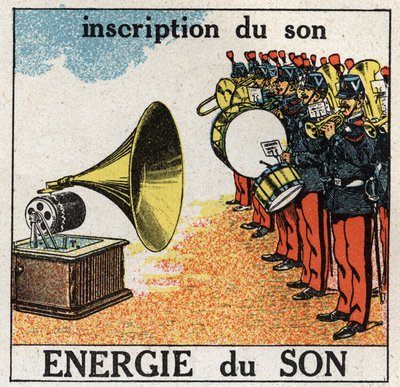 Geluidsenergie: het opnemen van de muziek van een militaire band met een grammofoon. Anonieme illustratie uit 1925. Privécollectie. door Anonymous Anonymous