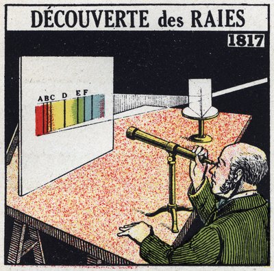 Spectrale analyse: ontdekking van stralen door Joseph von Fraunhofer in 1817. Anonieme illustratie uit 1925. Privécollectie. door Anonymous Anonymous
