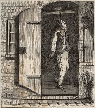 Zelfmoord in de Rochefort Bagne in 1840. Gravure in Histoire des bagnes depuis leur création à nos jours (1877) door Pierre Zaccone. Privécollectie. door Anonymous Anonymous