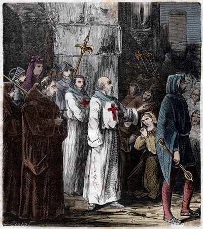 Marteling van de Tempeliers: Jacques de Molay grootmeester van de Orde van de Tempeliers en enkele van zijn metgezellen worden beschuldigd van ketterij en losbandigheid door koning Filips IV en geëxecuteerd op 4 maart door Anonymous Anonymous