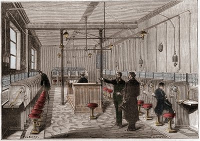 Telefooncentrale gebouwd volgens het Edison Gower-Bell telecommunicatiesysteem - eerste centrale telefoon in Parijs in 1879 - systeem door de Amerikaan Frederick Gower - gravure in 