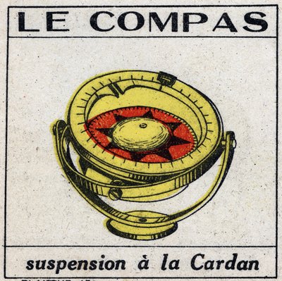 Aardmagnetisme: het kompas met cardanische ophanging om de horizontaliteit te verkrijgen. Anonieme illustratie uit 1925. Privécollectie. door Anonymous Anonymous