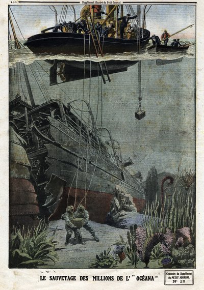 De redding van de miljoenen van de Oceana: Duikers duiken bij Eastbourne om de 18 miljoen metaal op te halen die de Britse lijnboot naar India zou vervoeren. Gravure in "Le Petit Journal", op 19/05/1912. Privécollectie. door Anonymous Anonymous