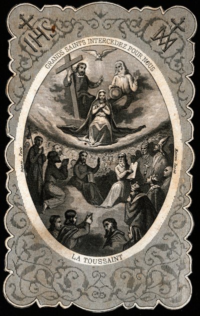 De Maagd Maria met de Heilige Drie-eenheid (God, Jezus Christus en de duif van de Heilige Geest). Dentelkaart. 19e eeuw. Privécollectie door Anonymous Anonymous