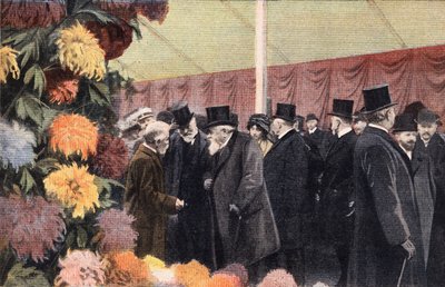 Het chrysanthemenfeest: officiële chrysanthemententoonstelling. Gravure. Een van de kranten 