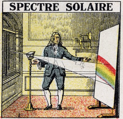 De kleuren: zonnenspectrum bestudeerd door Isaac Newton (1642-1727). Anonieme illustratie uit 1925. Privécollectie door Anonymous Anonymous