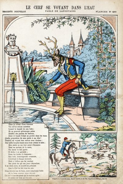 Het hert dat zichzelf in het water ziet. Anonieme illustratie voor Les Fables door Jean de La Fontaine (Lafontaine) (1621-1695). Beeldvorming van Pont-a-Mousson, circa 1880. Privécollectie. door Anonymous Anonymous