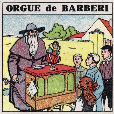 De effecten van muziek: een stekelige orgelspeler en een aap vermaken kinderen op straat. Anonieme illustratie uit 1925. Privécollectie. door Anonymous Anonymous