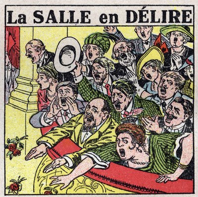 De effecten van muziek: toeschouwers van een theater die hun vreugde uiten met kreten, applaus en bloemen. Anonieme illustratie uit 1925. Privécollectie. door Anonymous Anonymous