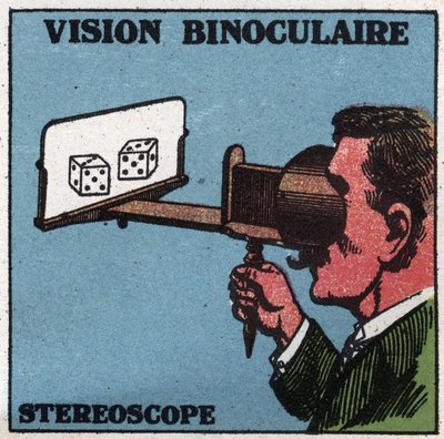 Het oog: binoculair zicht. Gebruik van een stereoscoop om in reliëf te zien. Anonieme illustratie uit 1925. Privécollectie. door Anonymous Anonymous