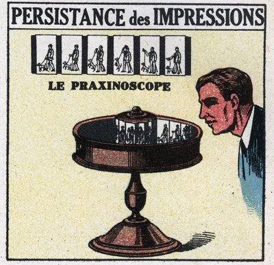 Het oog: persistentie van indrukken. De praxinoscoop. Anonieme illustratie uit 1925. Privécollectie. door Anonymous Anonymous