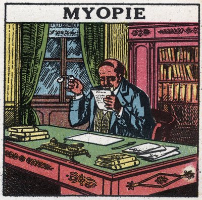 Het oog: persoon die lijdt aan bijziendheid. Anonieme illustratie uit 1925. Privécollectie. door Anonymous Anonymous