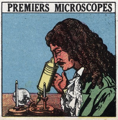 De eerste optische instrumenten: microscoop gebruikt in de tijd van Christiaan Huygens (Huyghens) (1629-1695). Anonieme illustratie uit 1925. Privécollectie. door Anonymous Anonymous