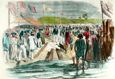 De eerste opgraving bij de inhuldiging van de boorwerkzaamheden aan het Suezkanaal op 25 april 1859. De bouwplaats in Egypte, bedoeld om de Rode Zee met de Middellandse Zee te verbinden, duurde tot 1869. Gravure uit de 19e eeuw. Privécollectie door Anonymous Anonymous