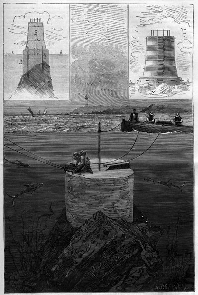 De vuurtoren van de Lavezzi: Bouw van de torenbaken van de Lavezzi-eilanden op het niveau van de zeestraat die Corsica van Sardinië scheidt in de Middellandse Zee, gebouwd in 1874 door de Nationale Marine na het zinken van de Semillante in 1 door Anonymous Anonymous