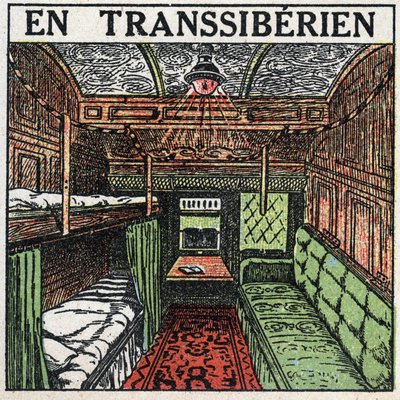 De spoorwegen: binnenkant van de wagon van een transsiberische trein. Anonieme illustratie uit 1925. Privécollectie door Anonymous Anonymous