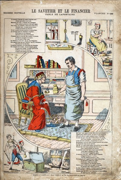 De spaarder en de financier. Anonieme illustratie voor Les Fables door Jean de La Fontaine (1621-1695). Pont-a-Mousson, circa 1880. Privécollectie. door Anonymous Anonymous