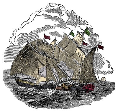 Het schip van de piraat Henry Every (John Avery, Long Ben, Benjamin Bridgeman) viel in september 1695 de vloot van de grote Mogol Aurangzeb aan bij Surate, India. Gravure uit 