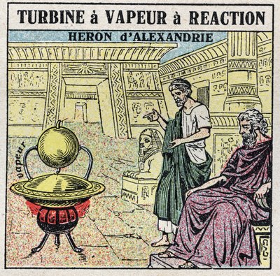 De stoommachine: een reactiestoomturbine. Eolipyle uitgevonden door de Griek Heron van Alexandrië (of Heron de Oudere) in de 1e eeuw na Christus. Anonieme illustratie uit 1925. Privécollectie. door Anonymous Anonymous