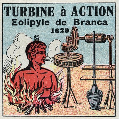 De stoommachine: turbine heeft actie. Eolipyle uitgevonden door Giovanni Branca (1571-1645) in 1629. Anonieme illustratie uit 1925. Privécollectie. door Anonymous Anonymous