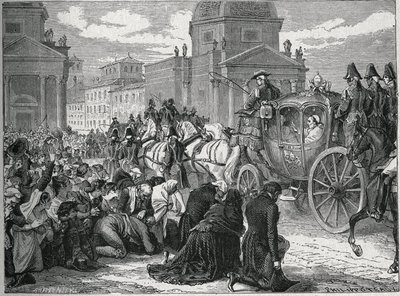 De triomfantelijke intocht van paus Pius VII (Pio) (1742-1823) in Rome (Roma) op 24 mei 1814. Gravure uit de 19e eeuw. Privécollectie. door Anonymous Anonymous