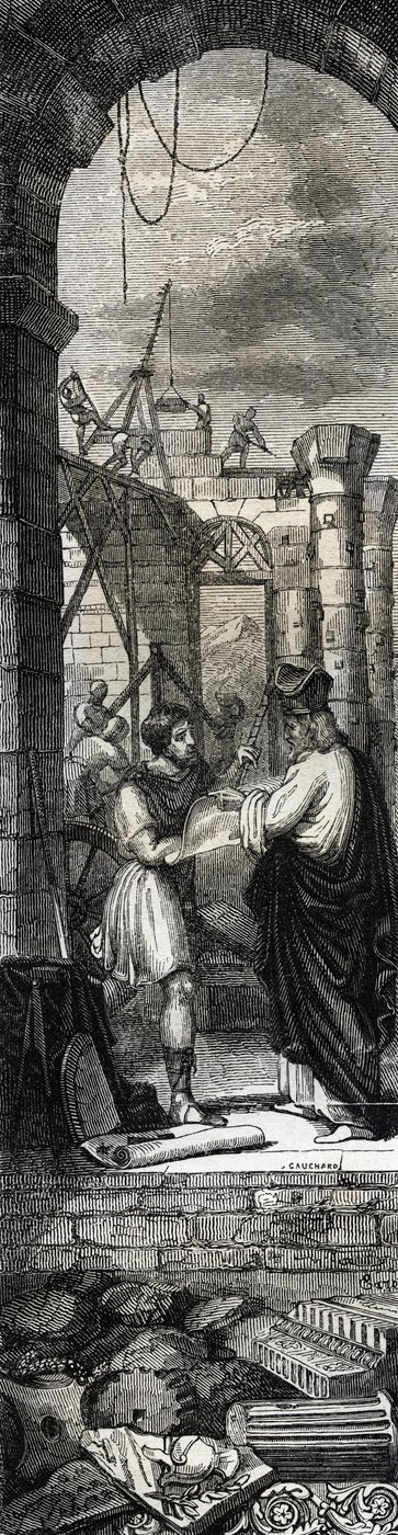 Trophime van Arles of Saint Trophime (3e eeuw) bouwt de kerk van Arles - Gravure van 1846 in 